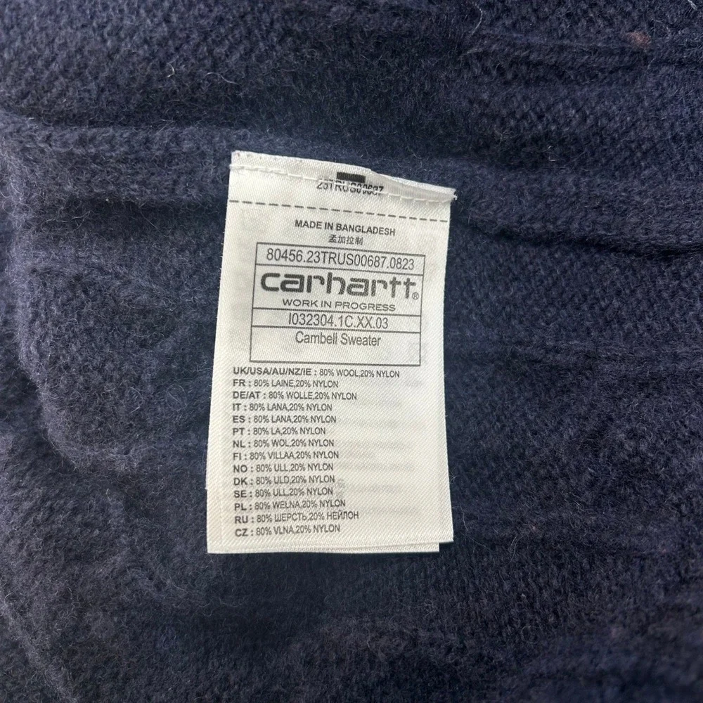 Carhartt WIP Cable Knit Fisherman Sweater Men Medium Wool Pullover Crewneck Navy